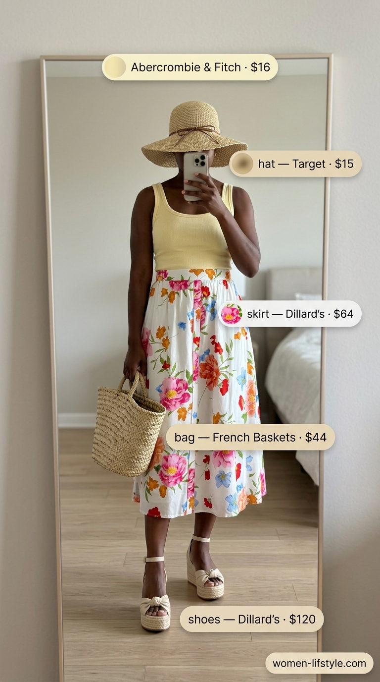 Floral midi skirt with yellow tank for colorful summer outfits for black woman 2026.