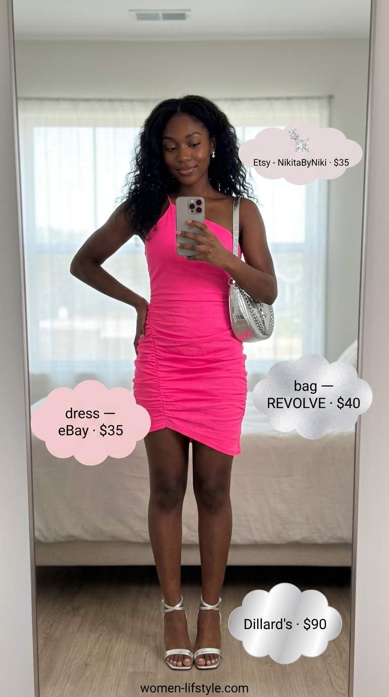 Hot pink one-shoulder mini dress for colorful summer outfits for black woman 2026.