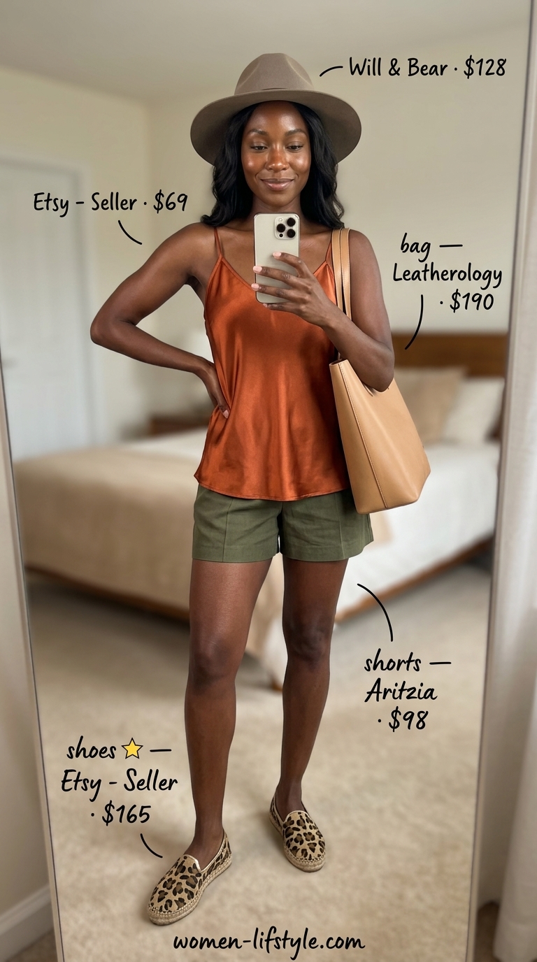 Olive green shorts with leopard espadrilles for colorful summer outfits for black woman 2026.