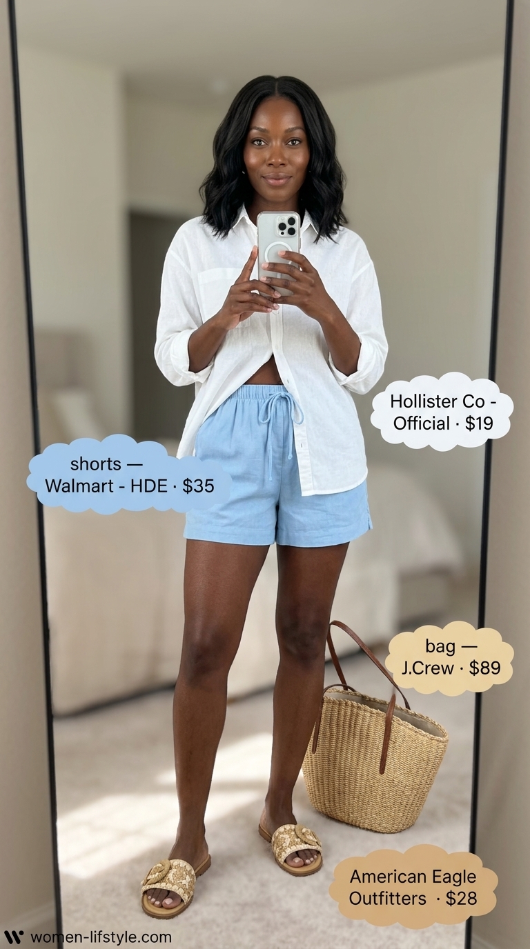 Sky blue linen shorts with white oversized shirt for colorful summer outfits for black woman 2026.
