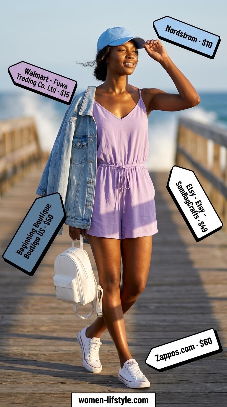 Lavender utility romper for colorful summer outfits for black woman 2026. Relaxed beach day style with denim jacket & cap.