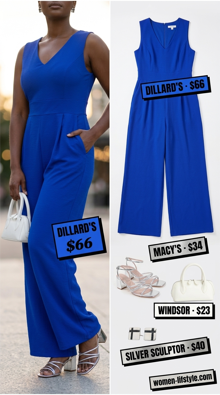 Colorful summer outfits for black woman 2026: Cobalt blue jumpsuit, silver heels, white bag for date night.