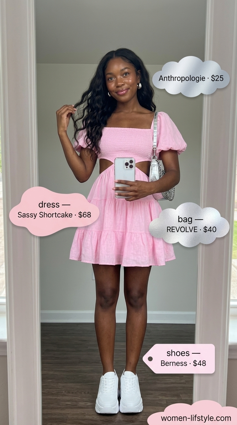 Colorful summer outfits for black woman 2026: Hot pink sundress, silver bag, platform sneakers for day party.