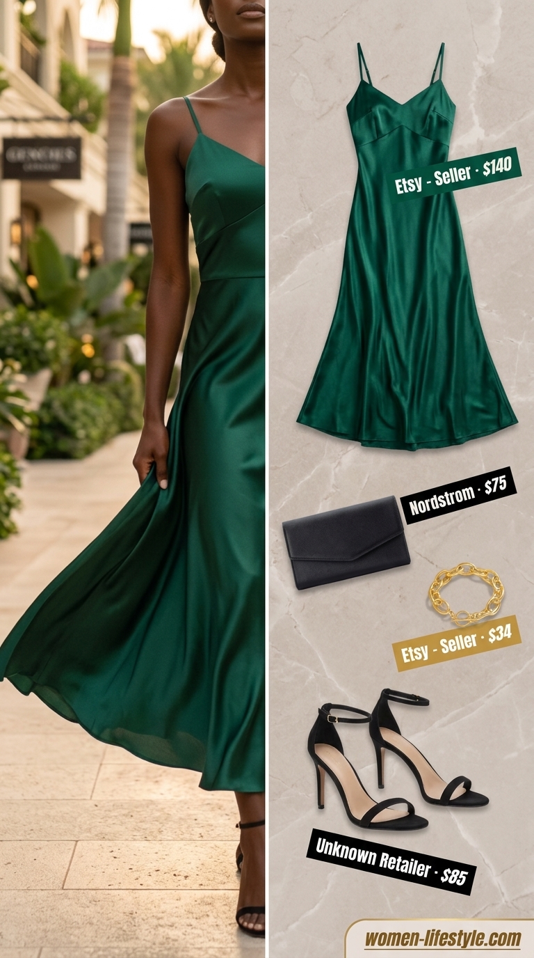 Colorful summer outfits for black woman 2026: Emerald green maxi dress, gold heels and bracelet for wedding guest.