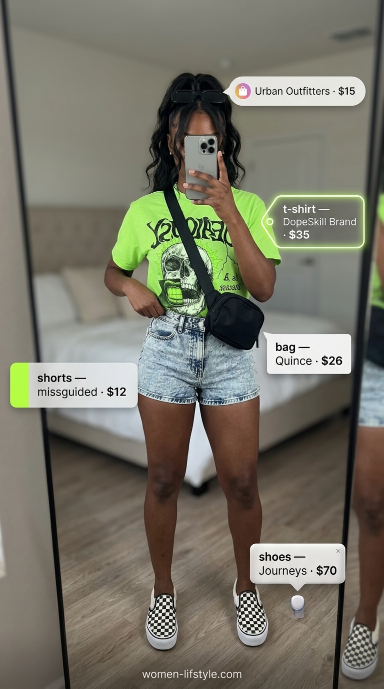 Colorful summer outfits for black woman 2026: Acid wash shorts, neon green tee, platform sneakers for festival.