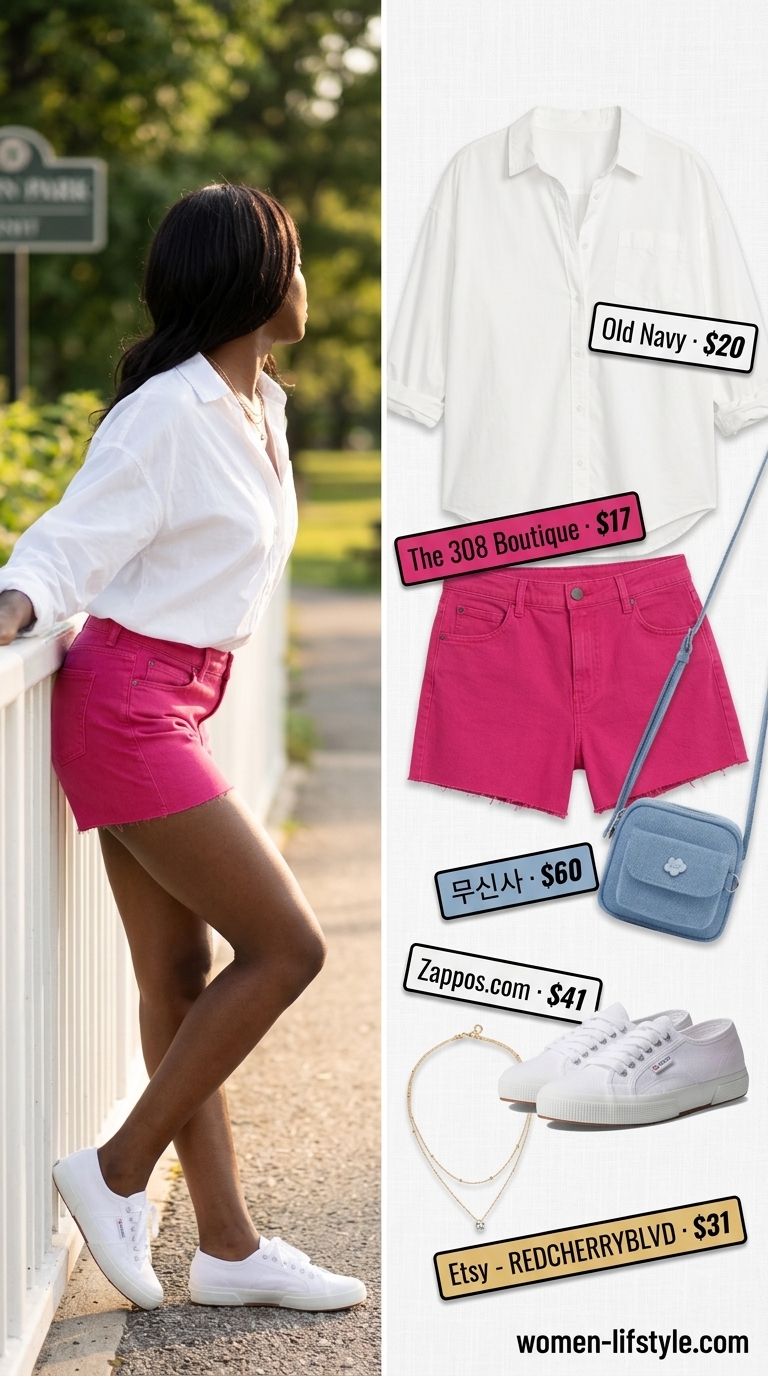 Fuchsia denim shorts outfit for colorful summer outfits for black woman 2026. Playful day out look with white shirt & sneakers.