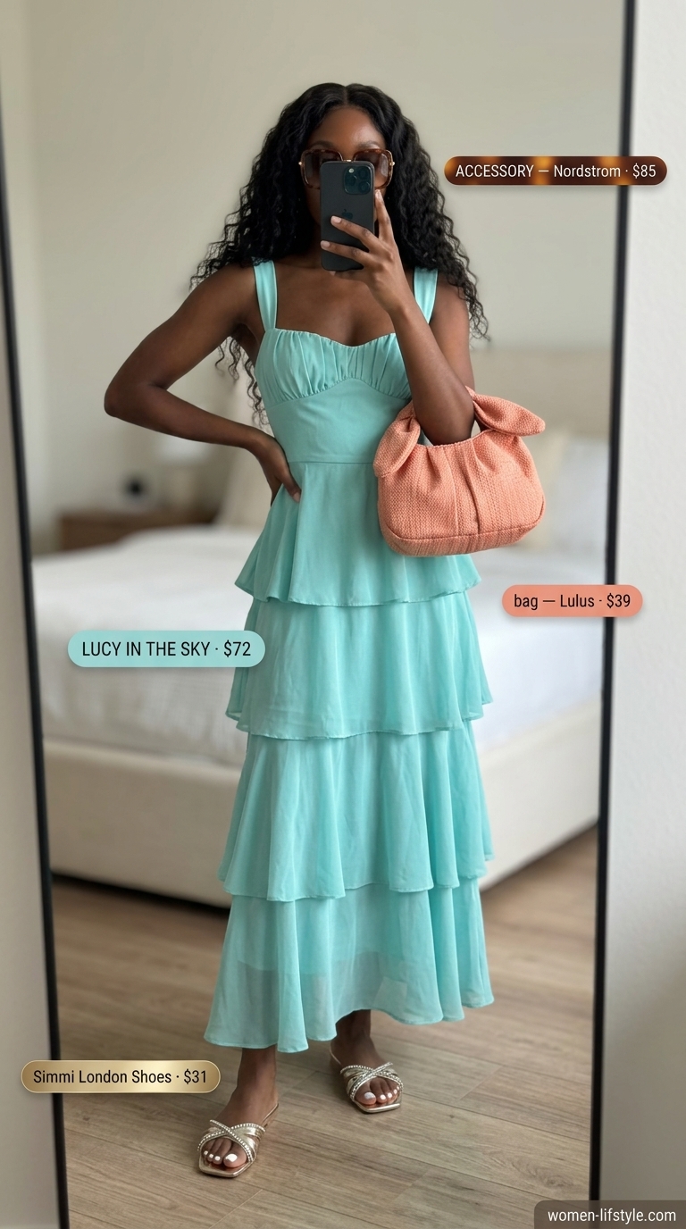 Colorful summer outfits for black woman 2026: Aqua teal maxi dress, coral clutch, gold sandals for vacation.
