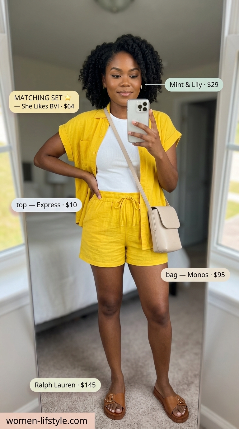 Sunny yellow linen set for colorful summer outfits for black woman 2026. Polished casual patio party look with tan sandals.