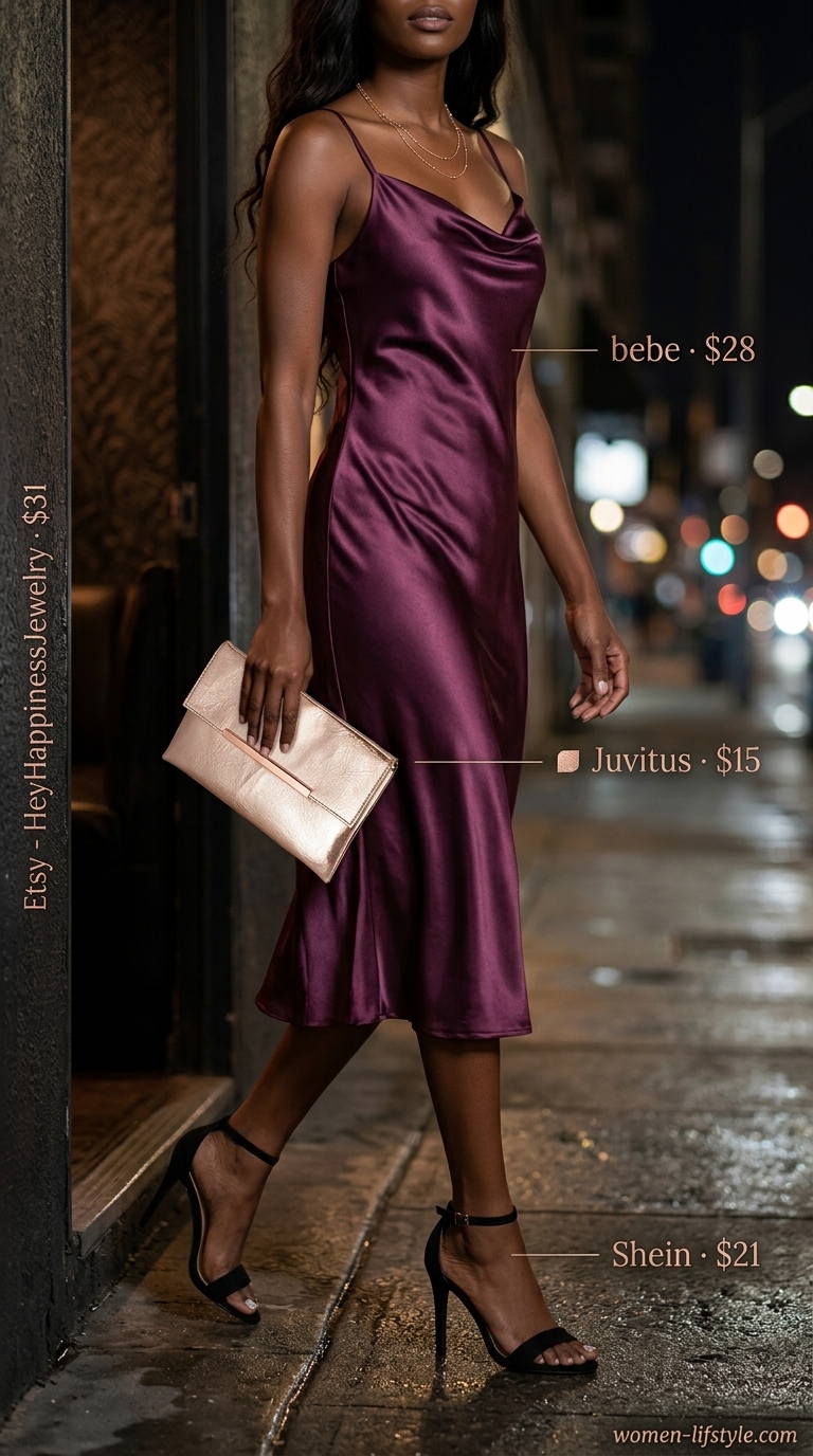 Colorful summer outfits for black woman 2026: Deep plum slip dress, black heels, rose gold clutch for cocktail hour.