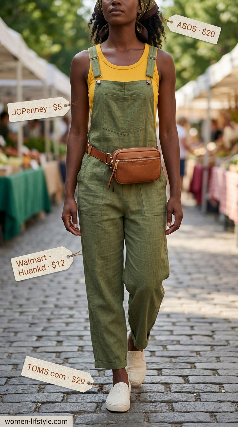 Colorful summer outfits for black woman 2026: Olive green overalls, mustard yellow tank, brown belt bag for casual weekend.