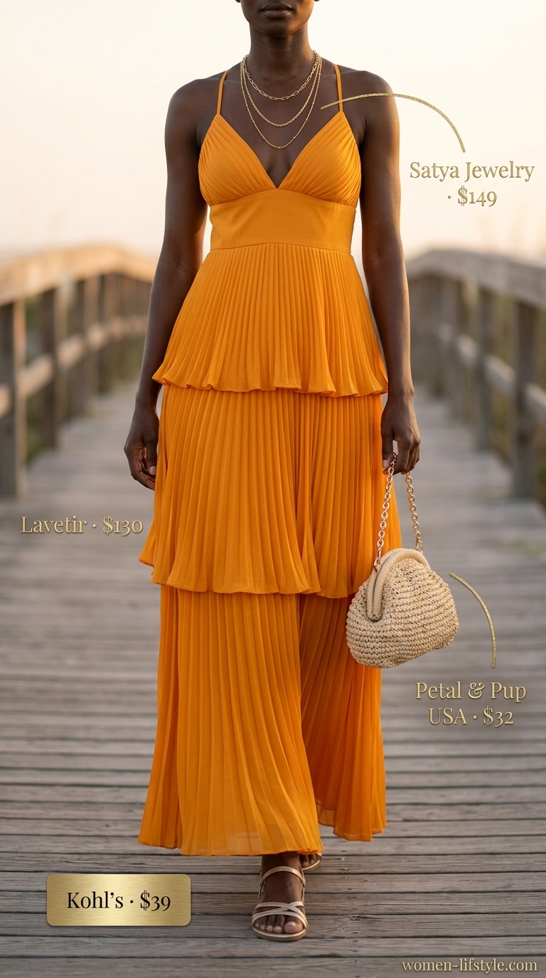 Colorful summer outfits for black woman 2026: Sunset orange maxi dress, gold sandals, straw hat for beach vacation dinner.