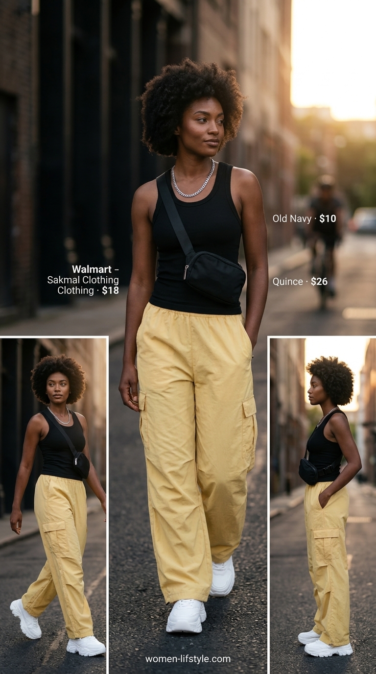 Bright yellow cargo pants outfit for colorful summer outfits for black woman 2026. Cool street style with black tank & platform sneakers.