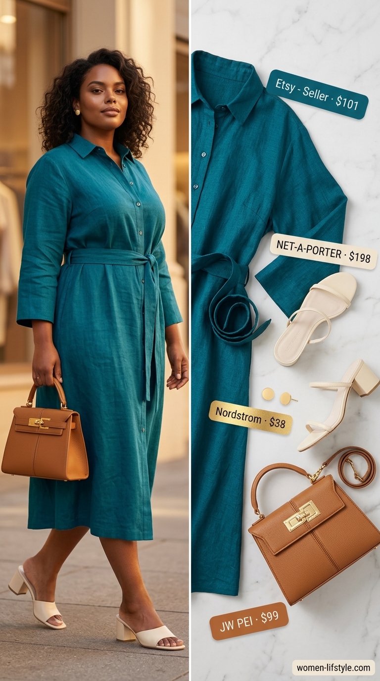 Colorful summer outfits for black woman 2026: Teal shirt dress, cream mules, gold accessories for summer office.