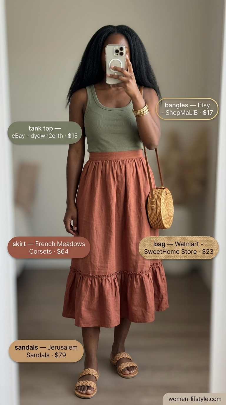 Terracotta tiered skirt outfit for colorful summer outfits for black woman 2026. Earthy bohemian style with olive tank & straw bag.