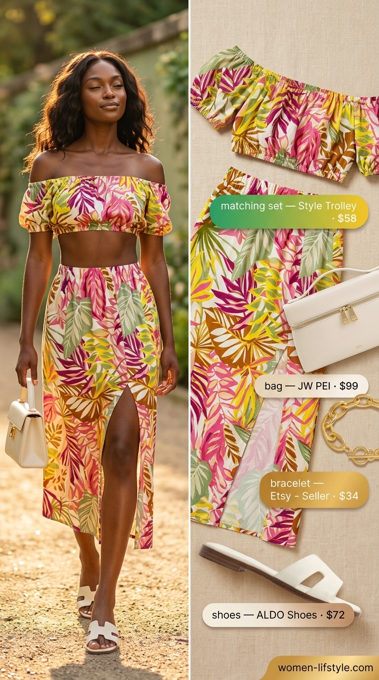 Tropical print matching set for colorful summer outfits for black woman 2026. Stylish resort wear with white sandals & bag.