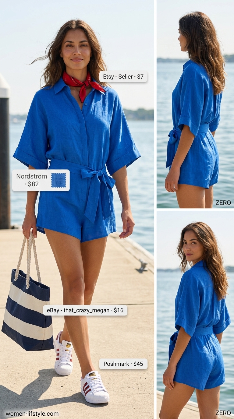 Lakeside boating trip outfit for women 2026: navy linen romper, red bandana, white sneakers, striped tote bag.