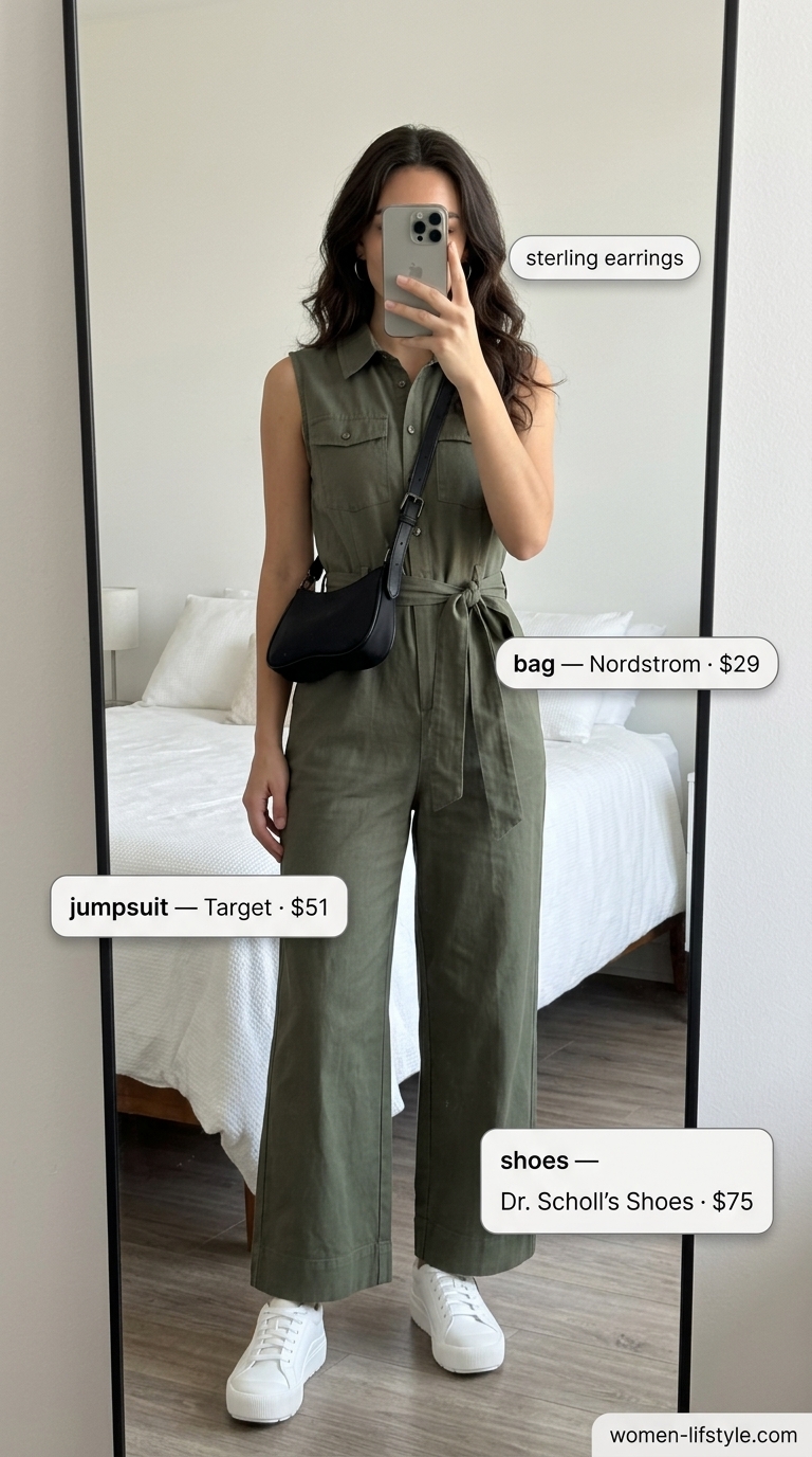 City explorer outfit for women 2026: khaki utility jumpsuit, white sneakers, black crossbody bag, silver hoops.