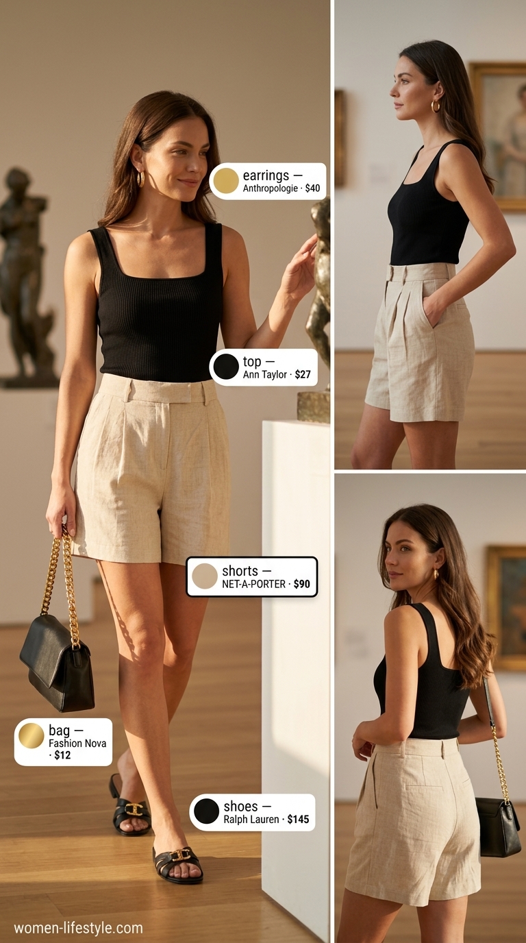 Gallery hopping afternoon outfit for women 2026: beige linen shorts, black tank, black slides, structured bag, gold hoops.