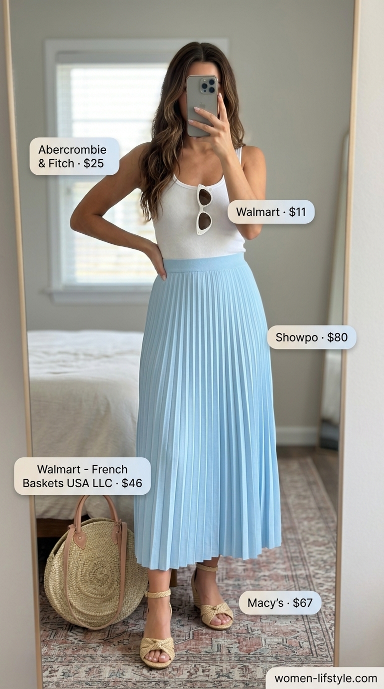 Comfy every day summer outfits for women 2026: Sky blue midi skirt, white tank top, straw tote, and cat-eye sunglasses.