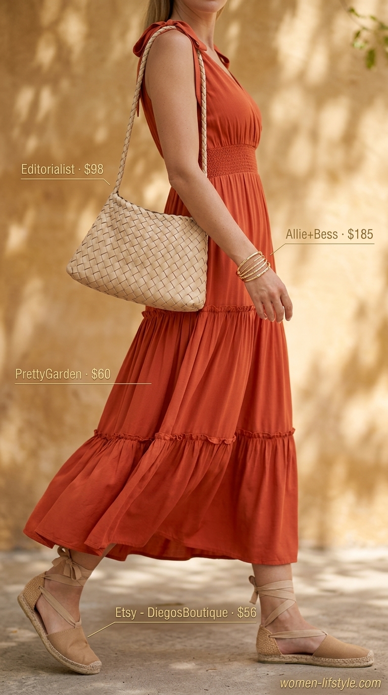 Comfy every day summer outfits for women 2026: Flowy terracotta maxi dress, jute espadrilles, and straw shoulder bag.