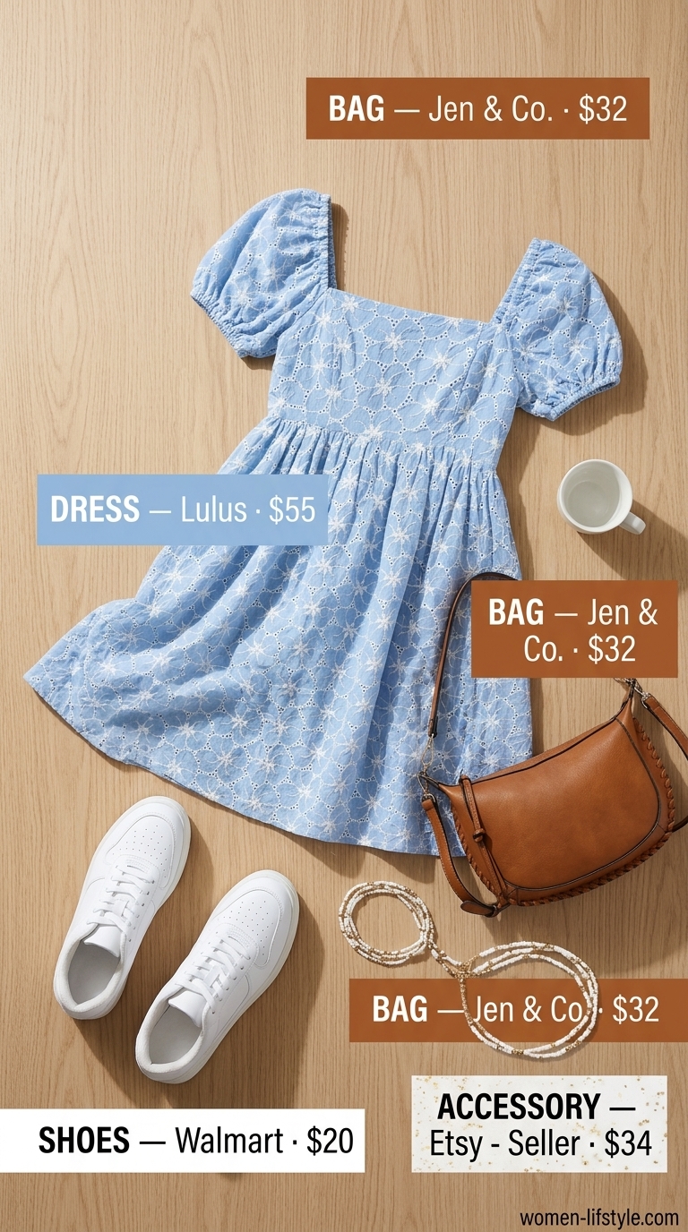Comfy every day summer outfits for women 2026: Sky blue babydoll dress, white platform sneakers, and brown crossbody bag.
