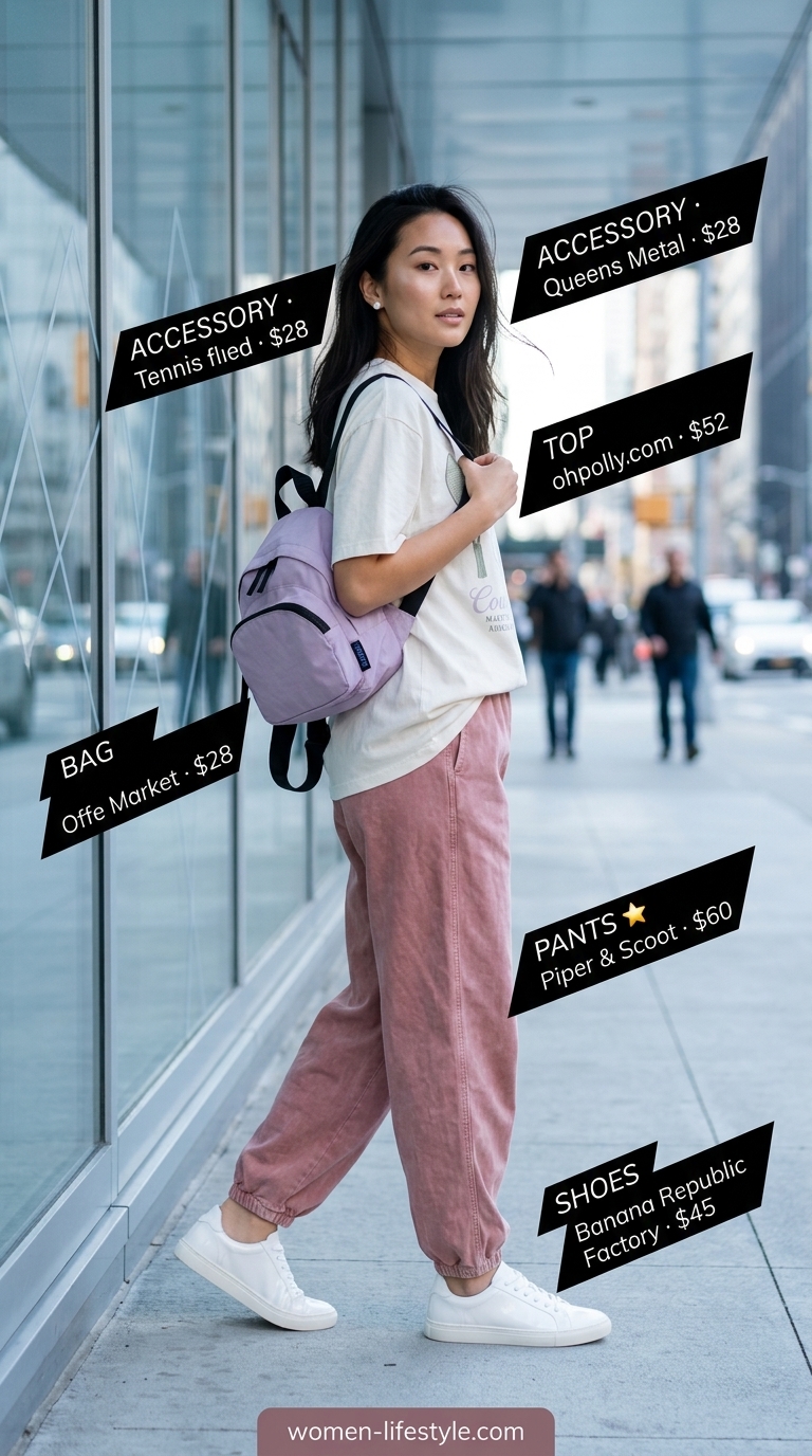 Blush & Chill lounge outfit for women 2026: dusty rose joggers, off-white graphic tee, white sneakers, mini backpack.