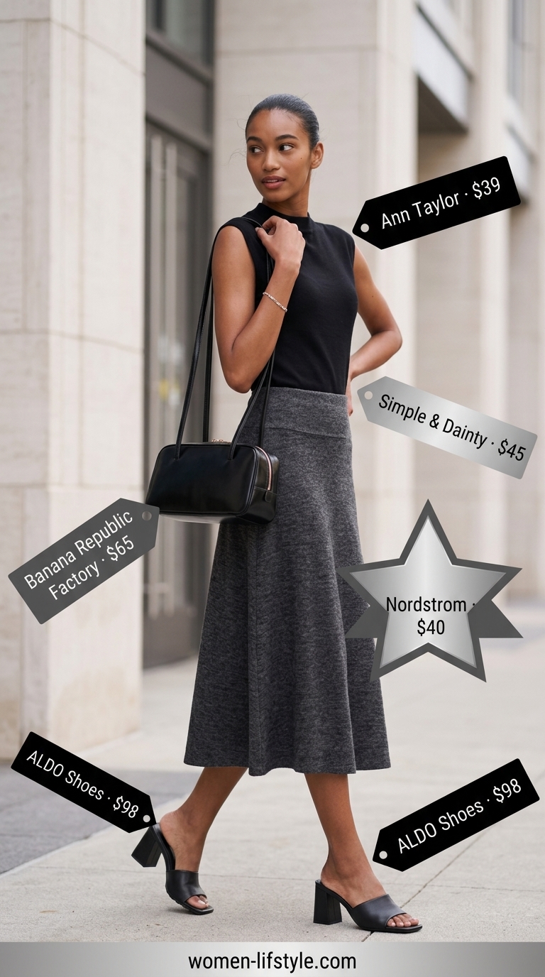 Comfy every day summer outfits for women 2026: Charcoal grey knit midi skirt, black mock neck top, and silver accessories.
