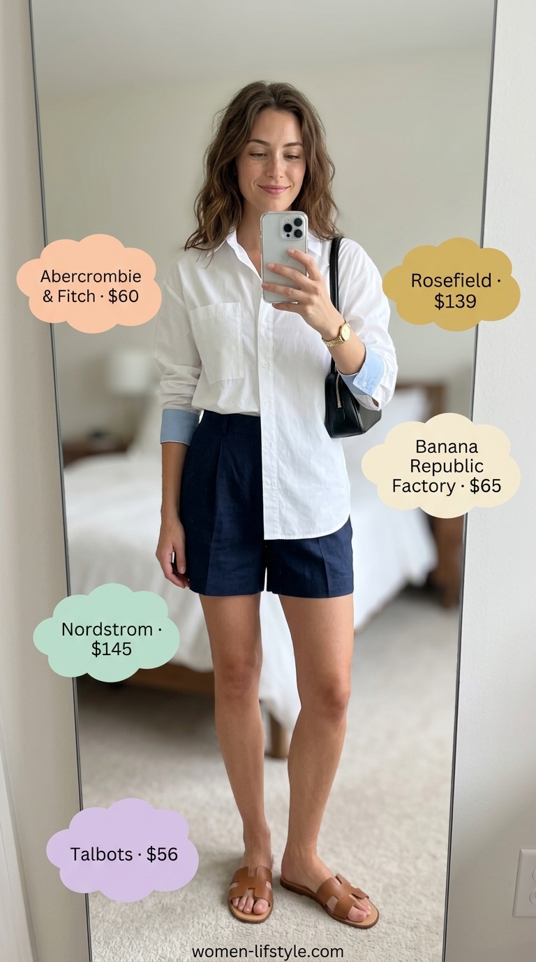 Polished patio evening outfit for women 2026: navy linen shorts, crisp white shirt, tan slides, black bag.