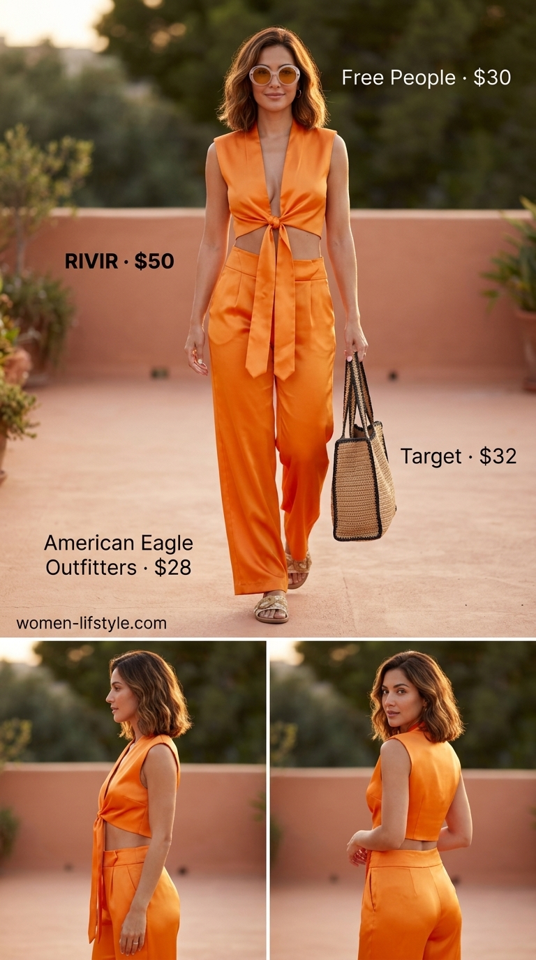 Poolside lunch date outfit for women 2026: bright orange linen set, white sunglasses, straw tote, raffia slides.