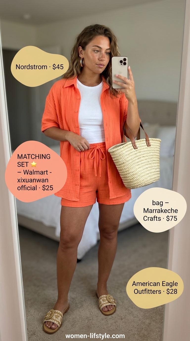 Comfy every day summer outfits for women 2026: Coral linen co-ord set, straw hat, straw tote, and slide sandals.
