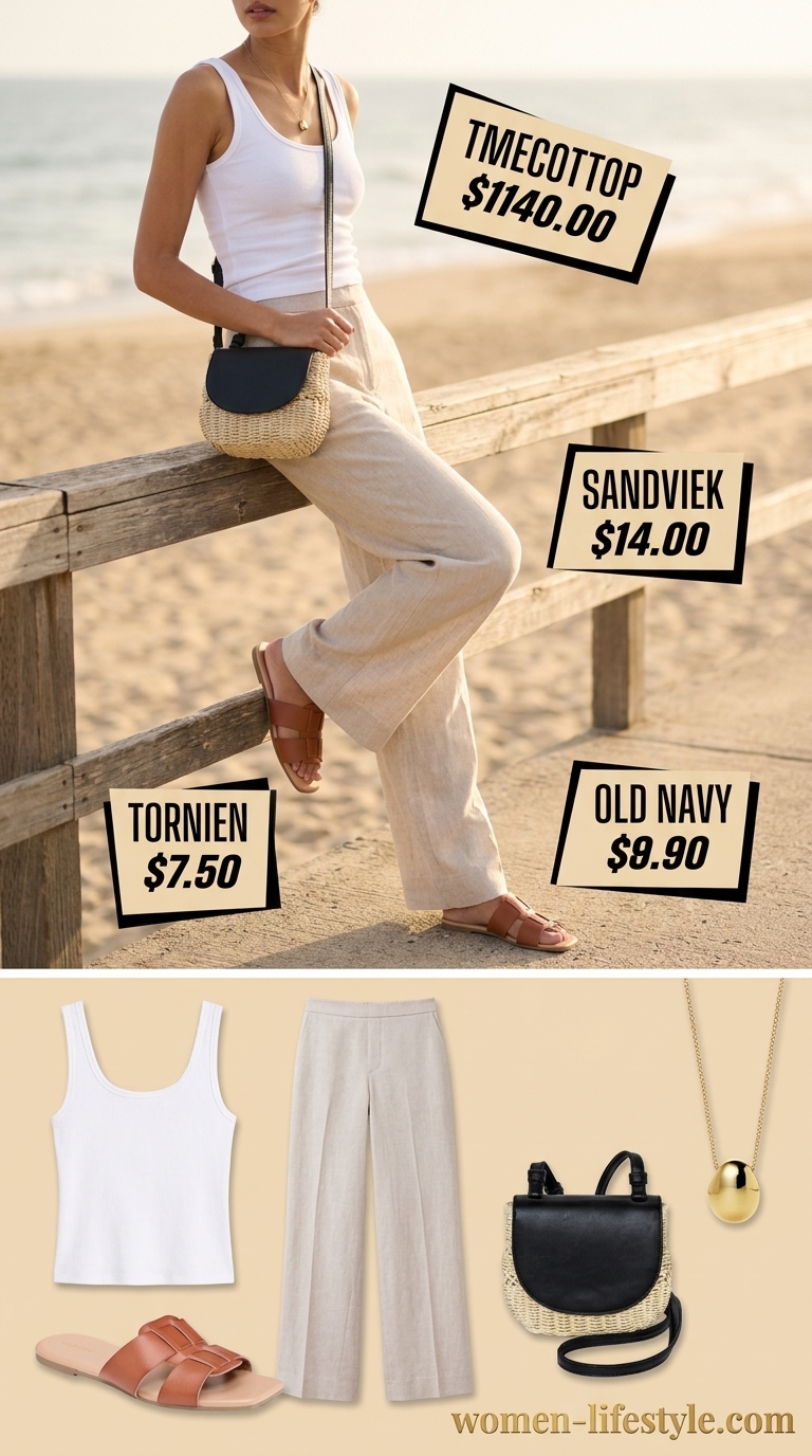 Seaside serenity stroll outfit for women 2026: sand beige linen pants, white tank, straw bag, tan slides.
