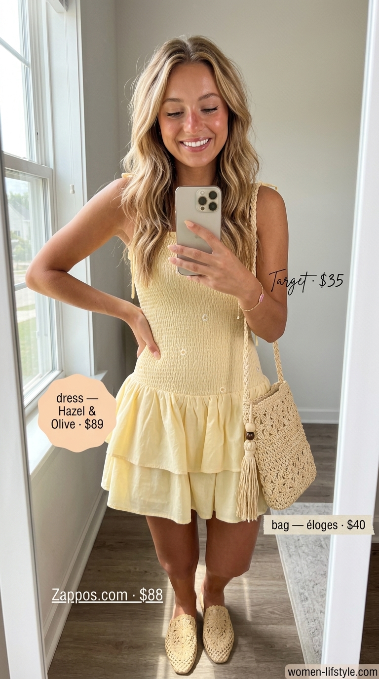 Comfy every day summer outfits for women 2026: Daisy yellow sundress, espadrille mules, and straw crossbody bag.