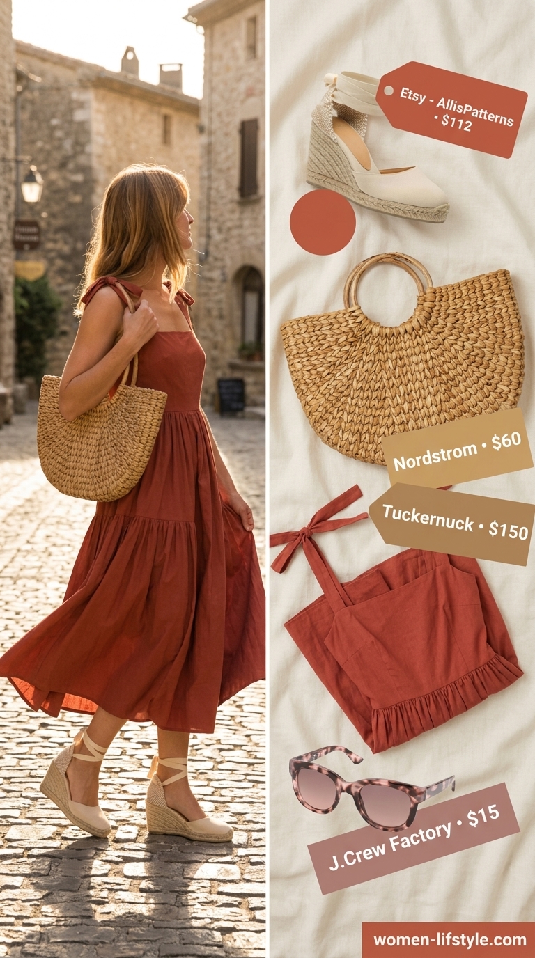 Comfy every day summer outfits for women 2026: Terracotta tiered cotton dress, espadrilles, and straw tote bag.