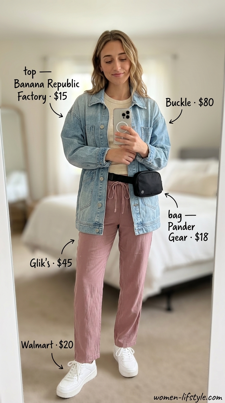 Effortless travel chic outfit for women 2026: dusty rose joggers, cream tank, denim jacket, white sneakers, belt bag.
