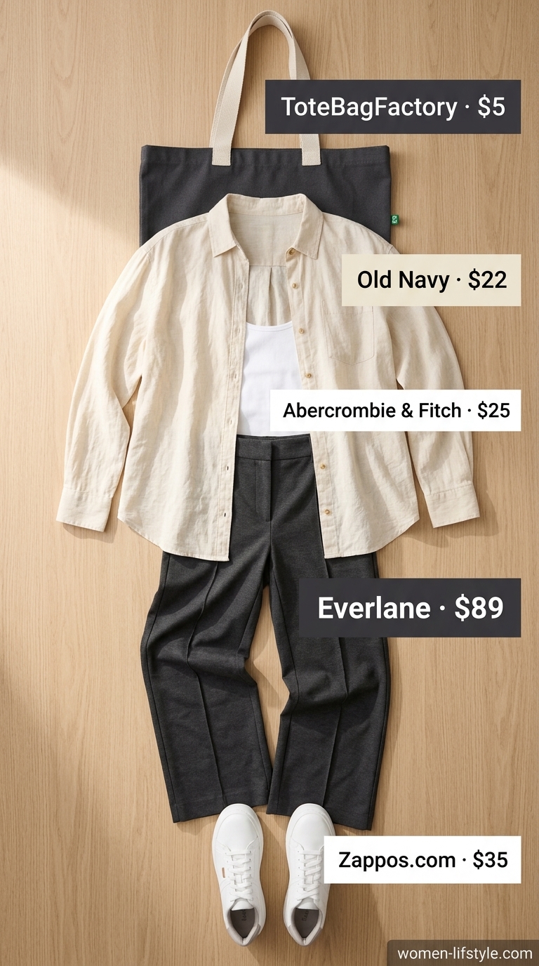 Comfy travel day outfit for women 2026: charcoal grey knit pants, white tank, cream oversized shirt, white sneakers.