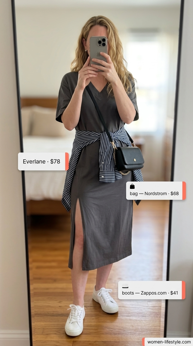 Comfy every day summer outfits for women 2026: Charcoal grey t-shirt midi dress, white sneakers, and crossbody bag.