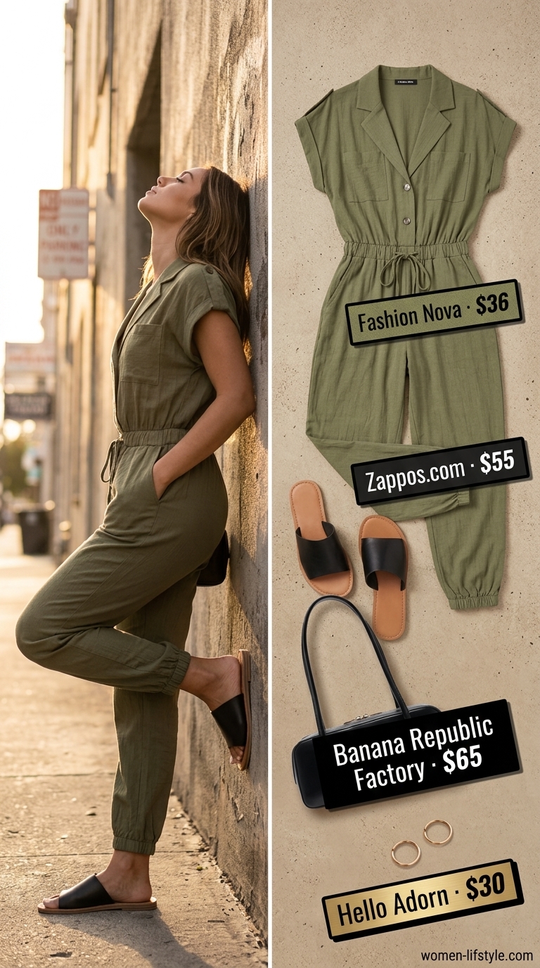 Comfy every day summer outfits for women 2026: Olive green utility jumpsuit, black slides, and structured mini bag.