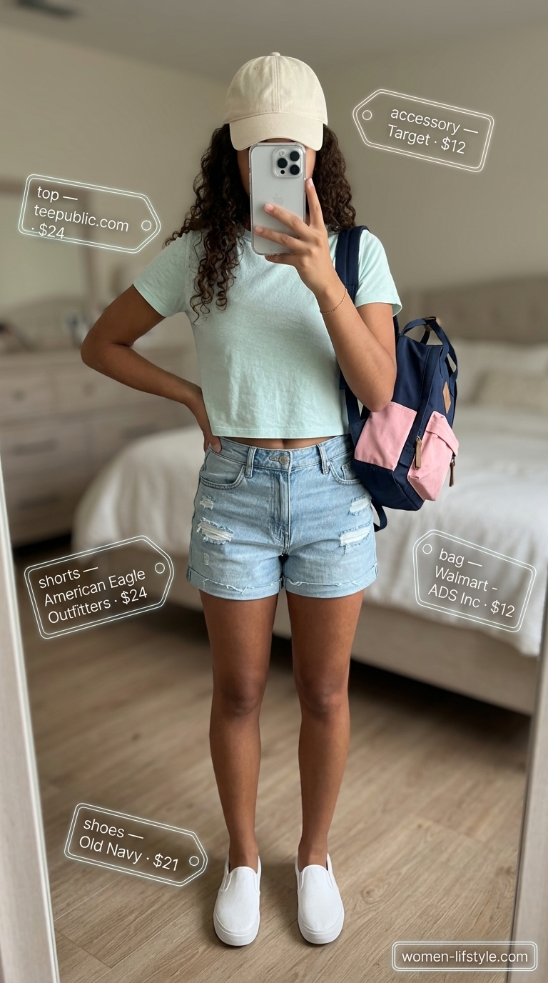 Comfy every day summer outfits for women 2026: White graphic tee, light wash denim shorts, baseball cap, and slip-on sneakers.