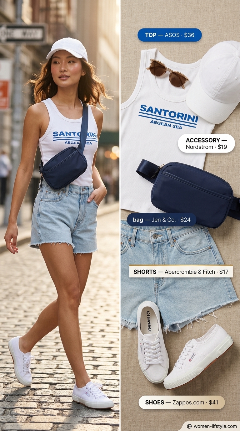 Denim shorts, graphic tee, and sneakers for comfy every day summer outfits for women 2026.