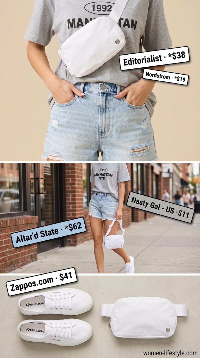 Denim shorts, oversized tee, and sneakers for comfy every day summer outfits for women 2026.