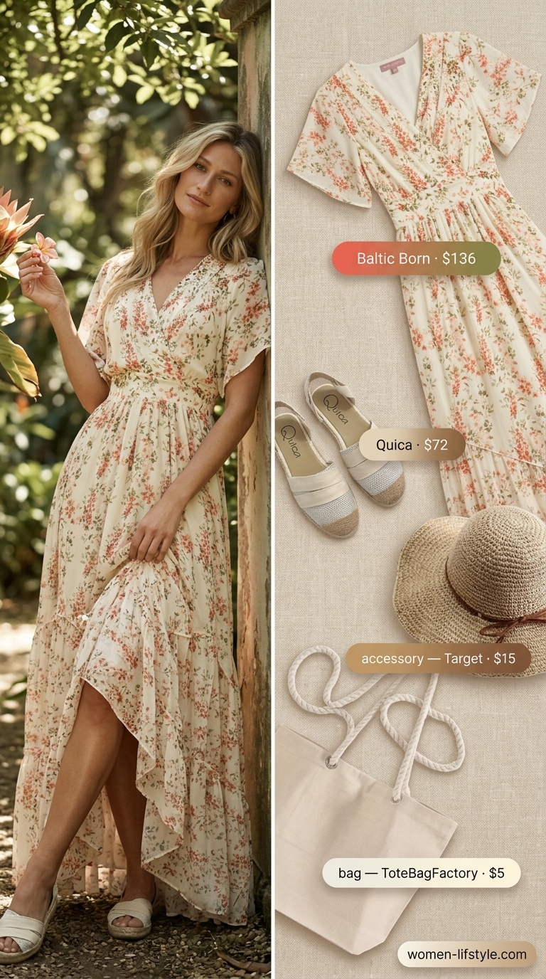 Terracotta floral maxi dress with espadrilles for comfy every day summer outfits for women 2026.