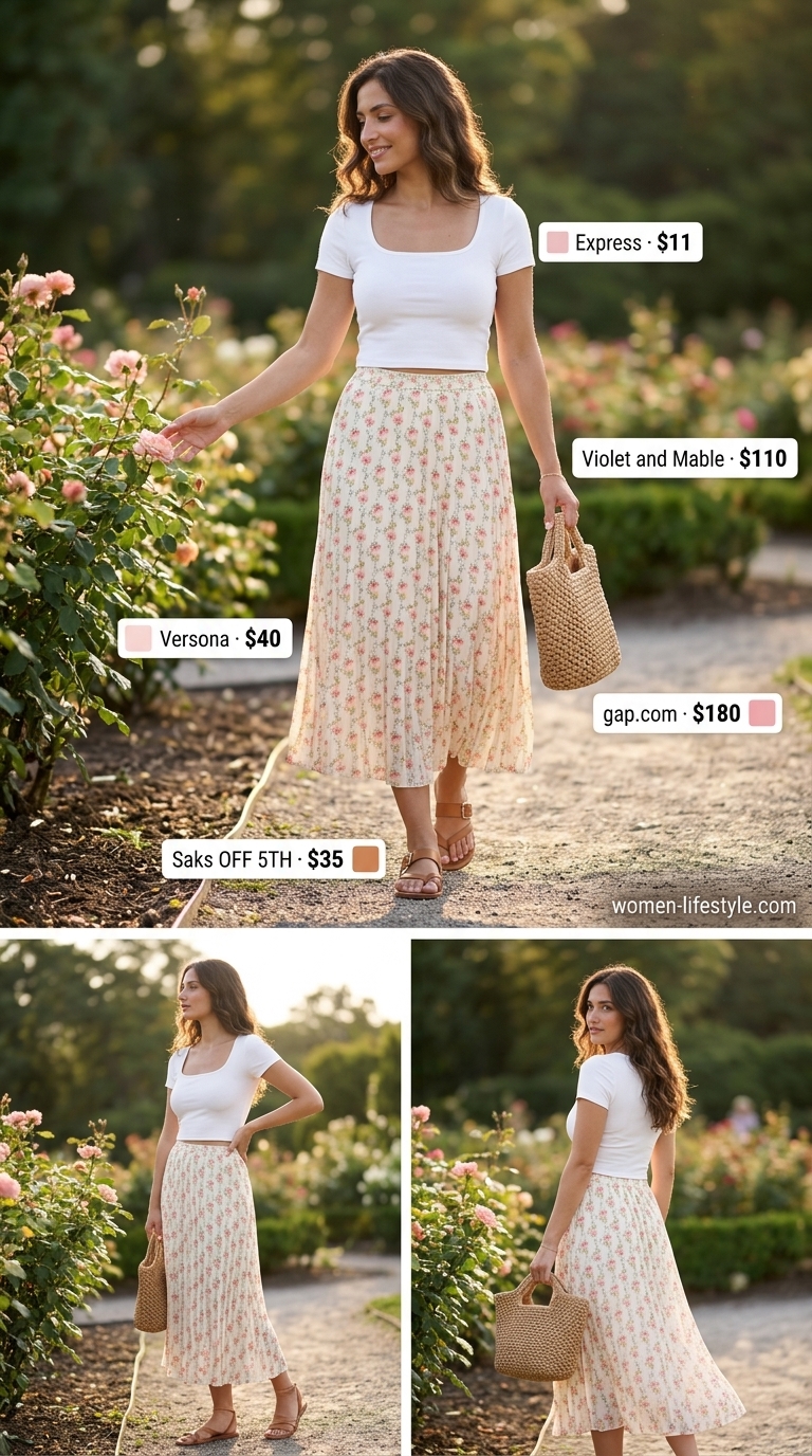 Pink floral midi skirt, white top, and tan sandals for comfy every day summer outfits for women 2026.