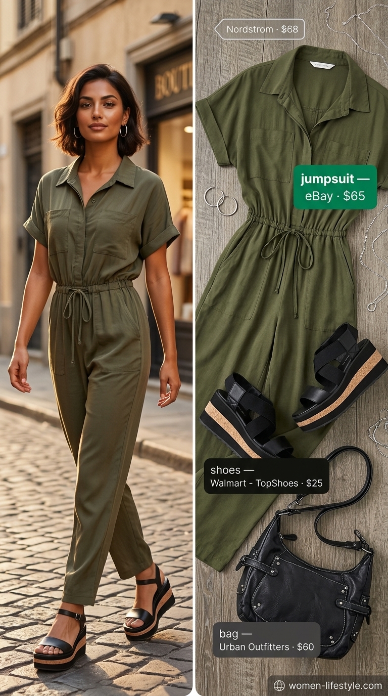 Olive green utility jumpsuit paired with chunky sandals for comfy every day summer outfits for women 2026.