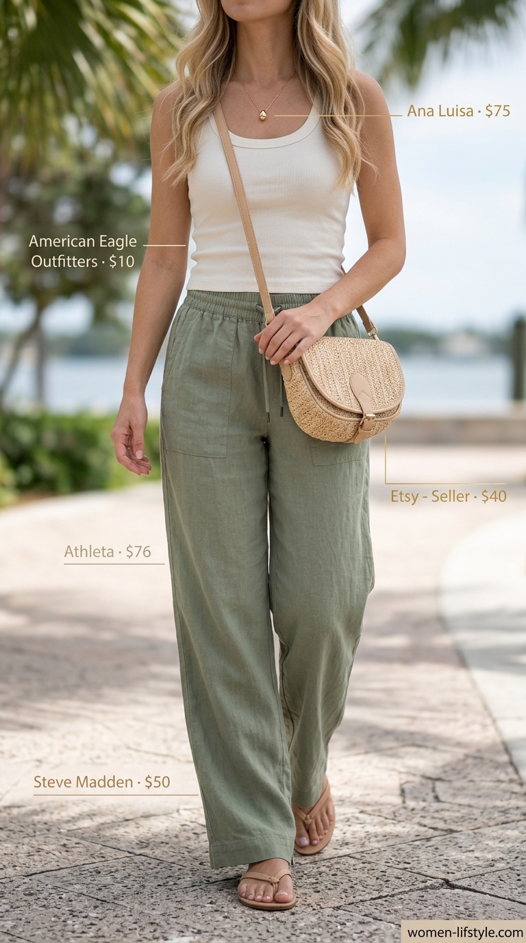 Sage green linen pants, cream knit tank, and tan sandals for comfy every day summer outfits for women 2026.