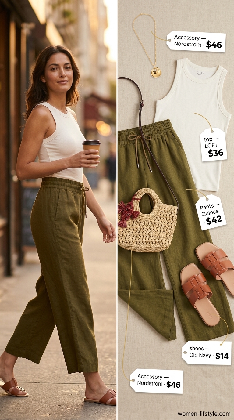 Sage green linen pants, cream knit tank, and tan slides for comfy every day summer outfits for women 2026.