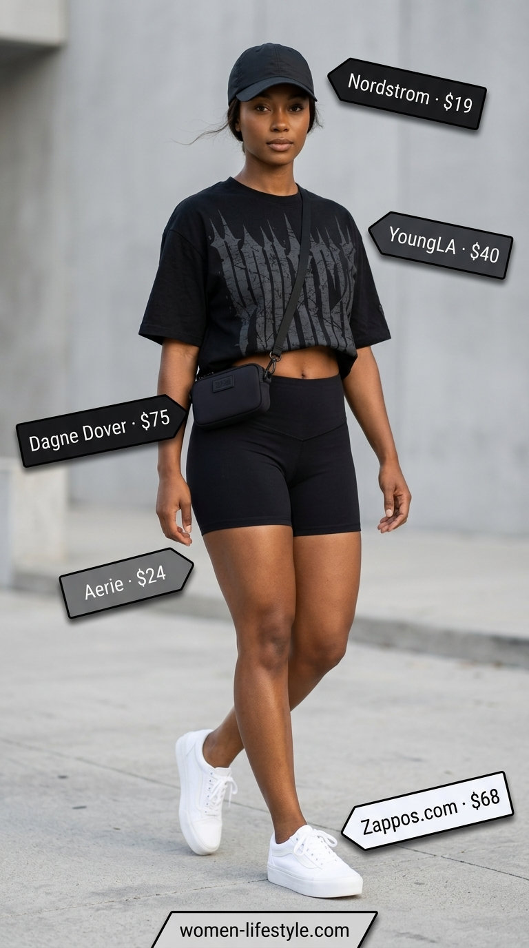 Comfy everyday summer outfits for women 2026: Black biker shorts, oversized graphic tee, and chunky sneakers for errands.