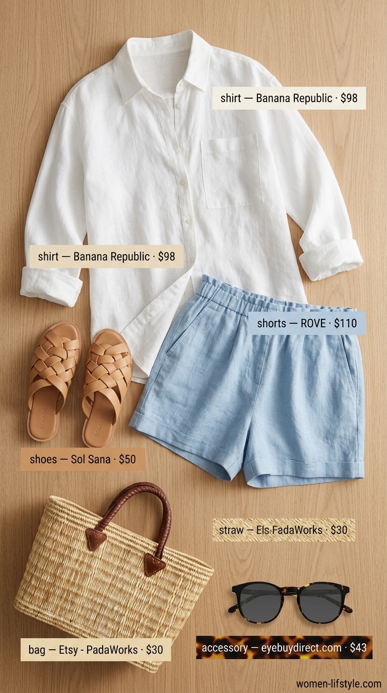 Comfy everyday summer outfits for women 2026: White linen shirt, light blue linen shorts, and straw tote for beach.
