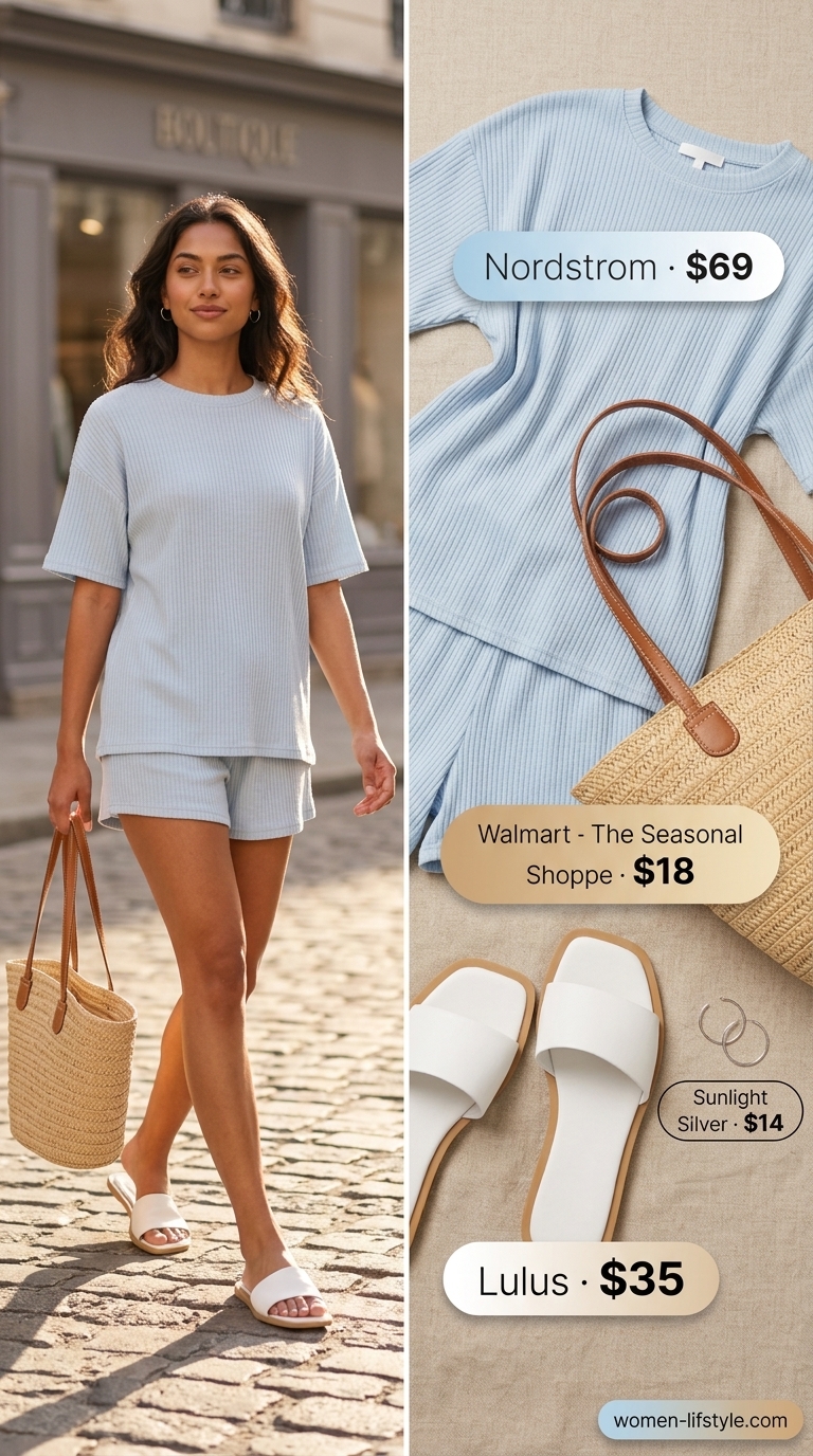 Comfy everyday summer outfits for women 2026: Pale blue knit set with shorts and oversized top for travel.