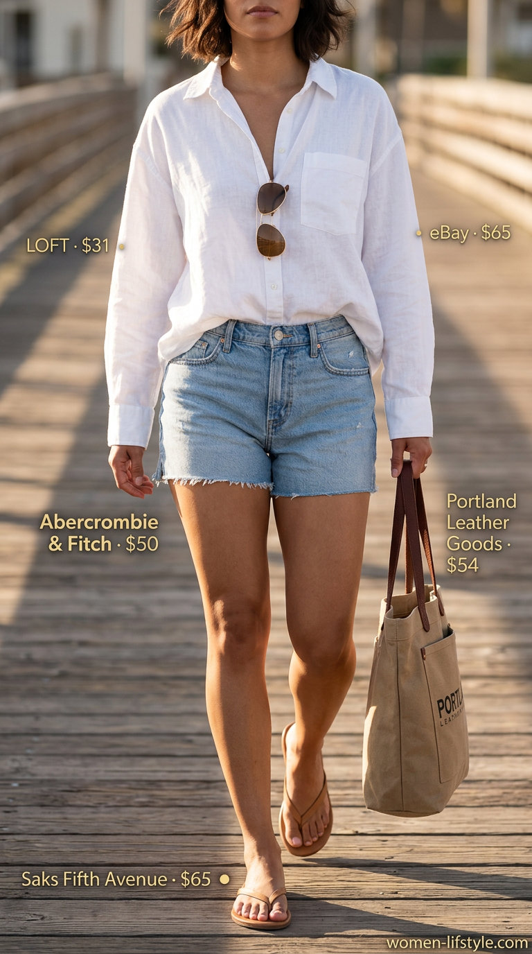 Comfy everyday summer outfits for women 2026: Denim shorts, linen shirt, leather sandals, canvas tote, aviators.