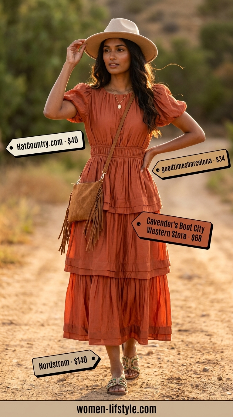 Comfy everyday summer outfits for women 2026: Terracotta maxi dress, felt hat, and suede fringe bag.